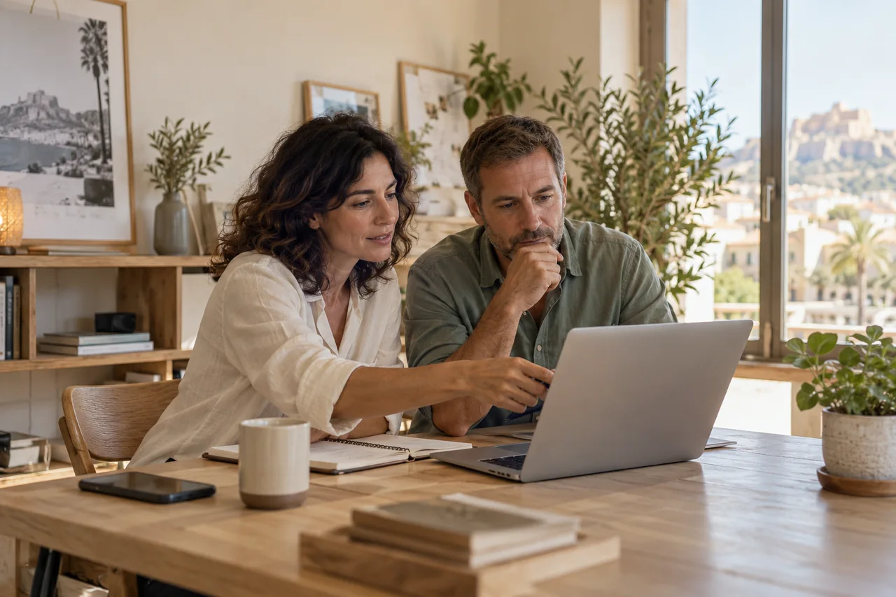 Two people review a proposal beside a laptop in a bright office.