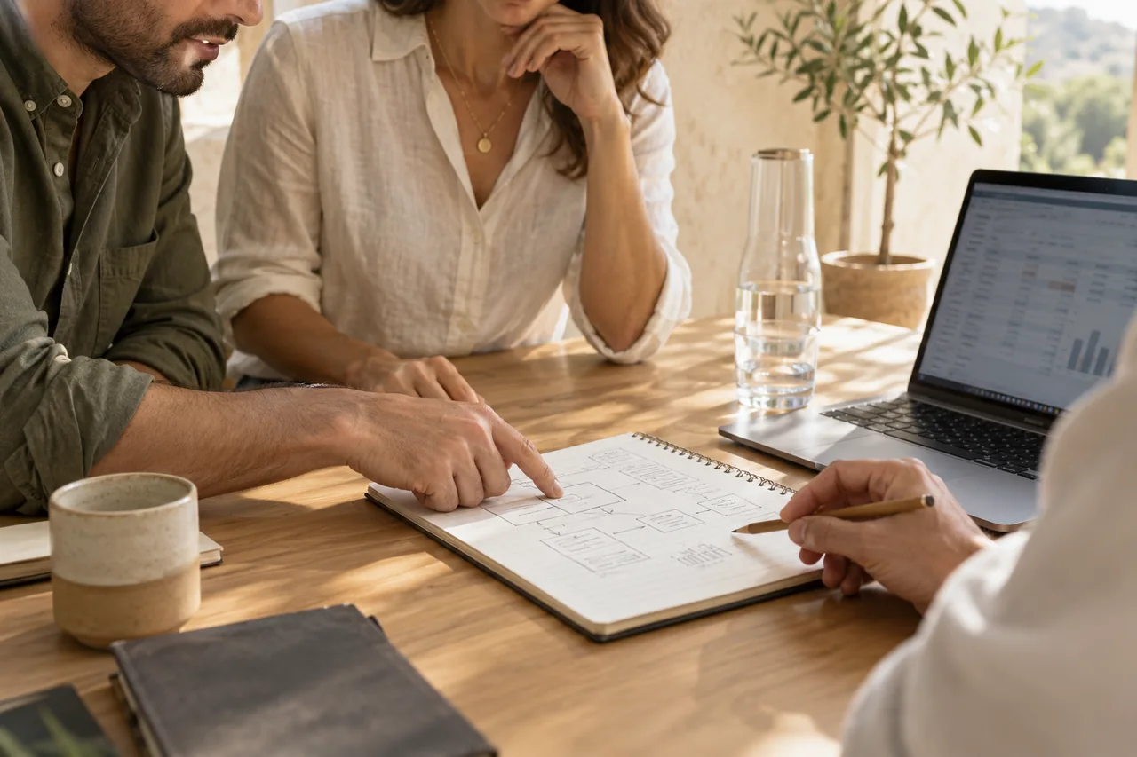 Personas organizan ideas y documentos sobre una mesa de trabajo.