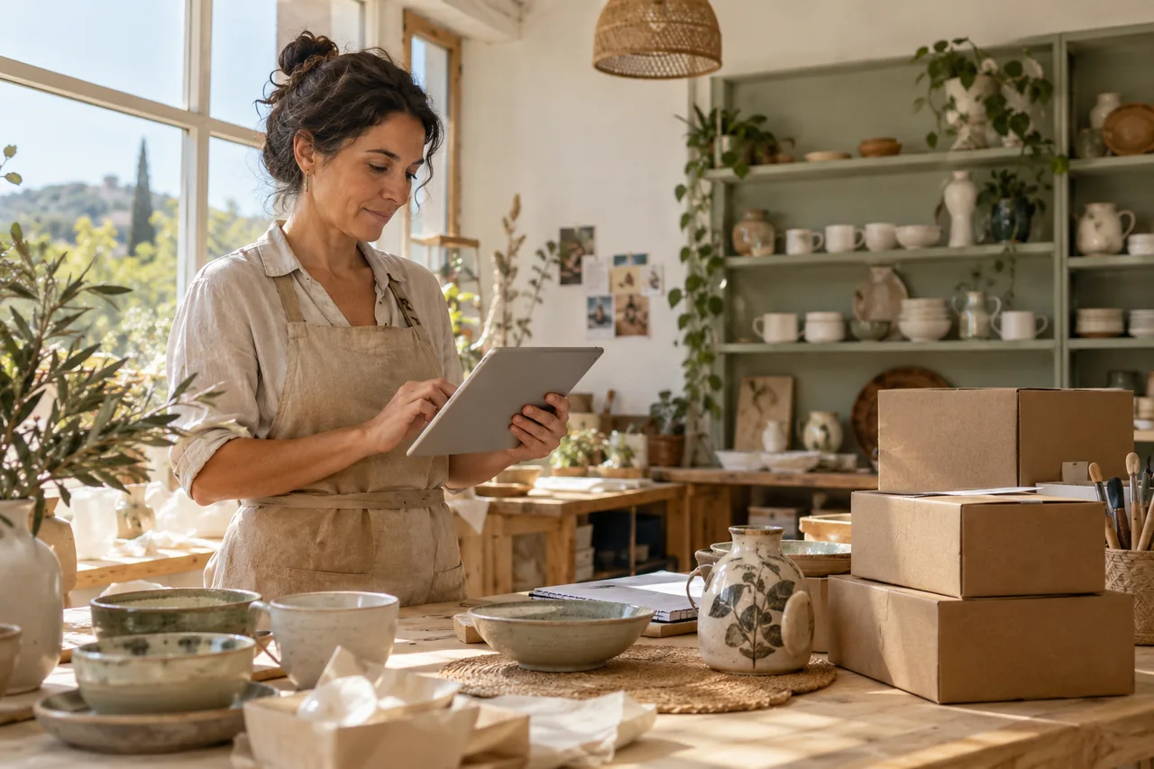 A person uses a tablet among materials and tools in a small workshop.